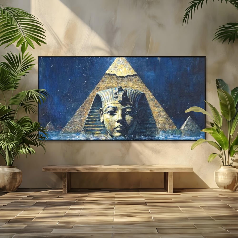 Tablou canvas cu pictura cu sfinx si piramida in apa, in rama de aluminiu negru
